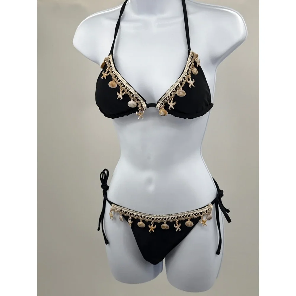 Mermaid Swimwear Black Seashell Starfish Crochet Bikini Set Small NWT